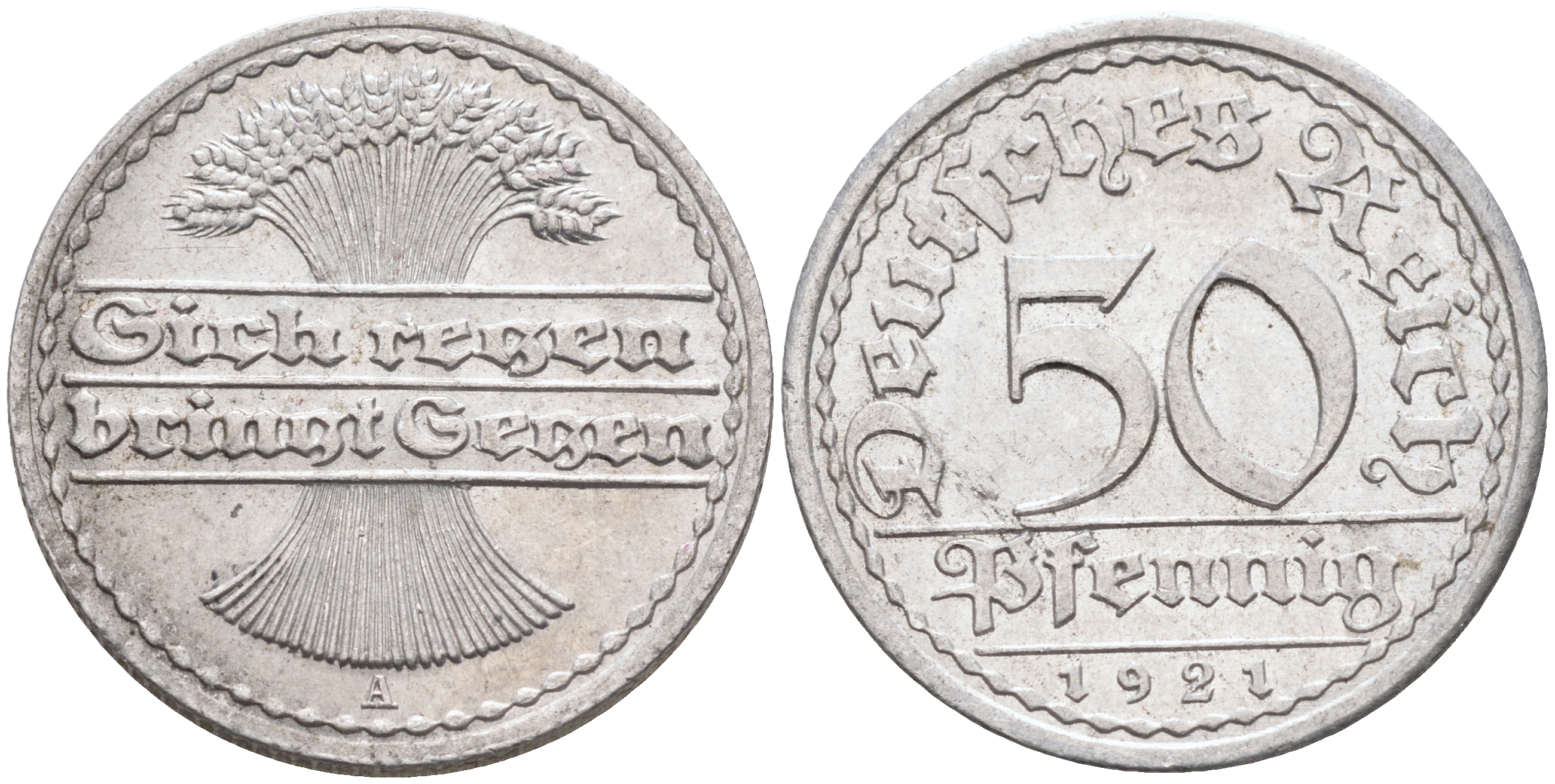 Германия 50 пфеннигов 1921 A KM 27, J.301, Weege 10 алюминий  UNC  4589-224