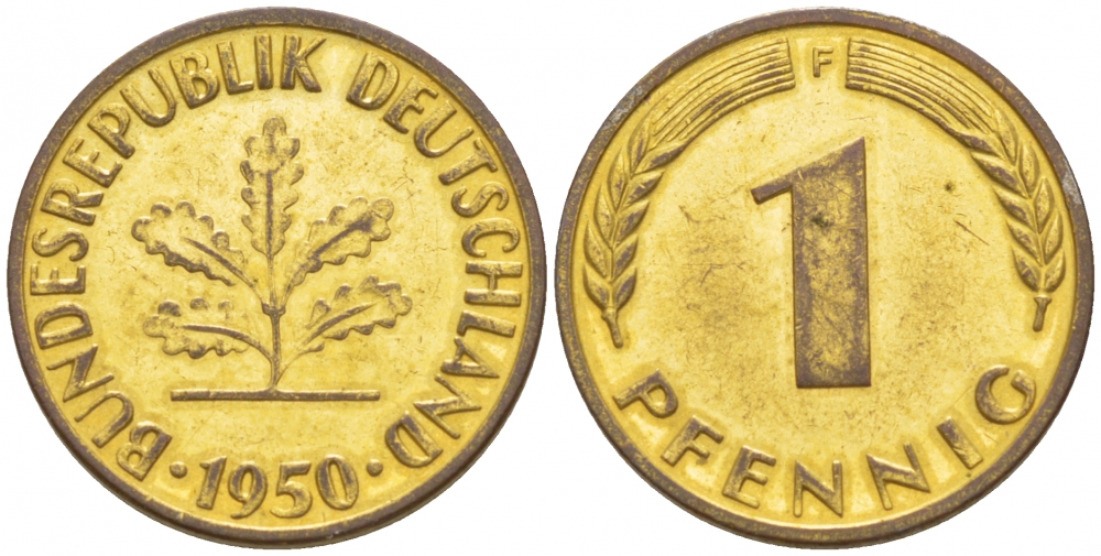 ФРГ 1 ПФЕННИГ 1950 F KM 105, J.380 сталь плакированная медью 4532-567