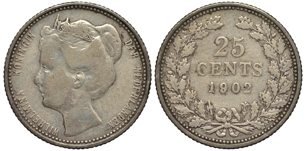 Нидерланды 25 центов 1902 Вильгельмина (1890-1948) KM 120.2 серебро 1528-914