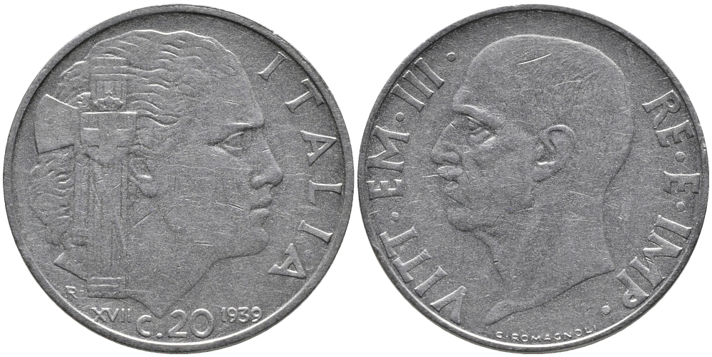 ИТАЛИЯ 20 ЧЕНТЕЗИМО 1939 R, ВИКТОР ИМАНУИЛ, XVII ГОД, НЕМАГНИТНАЯ KM 75d нержавеющая сталь 86-1451