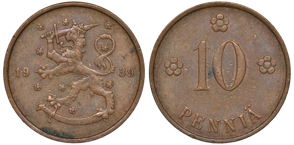 Финляндия 10 пенни 1939 KM 24 медь 51-3056
