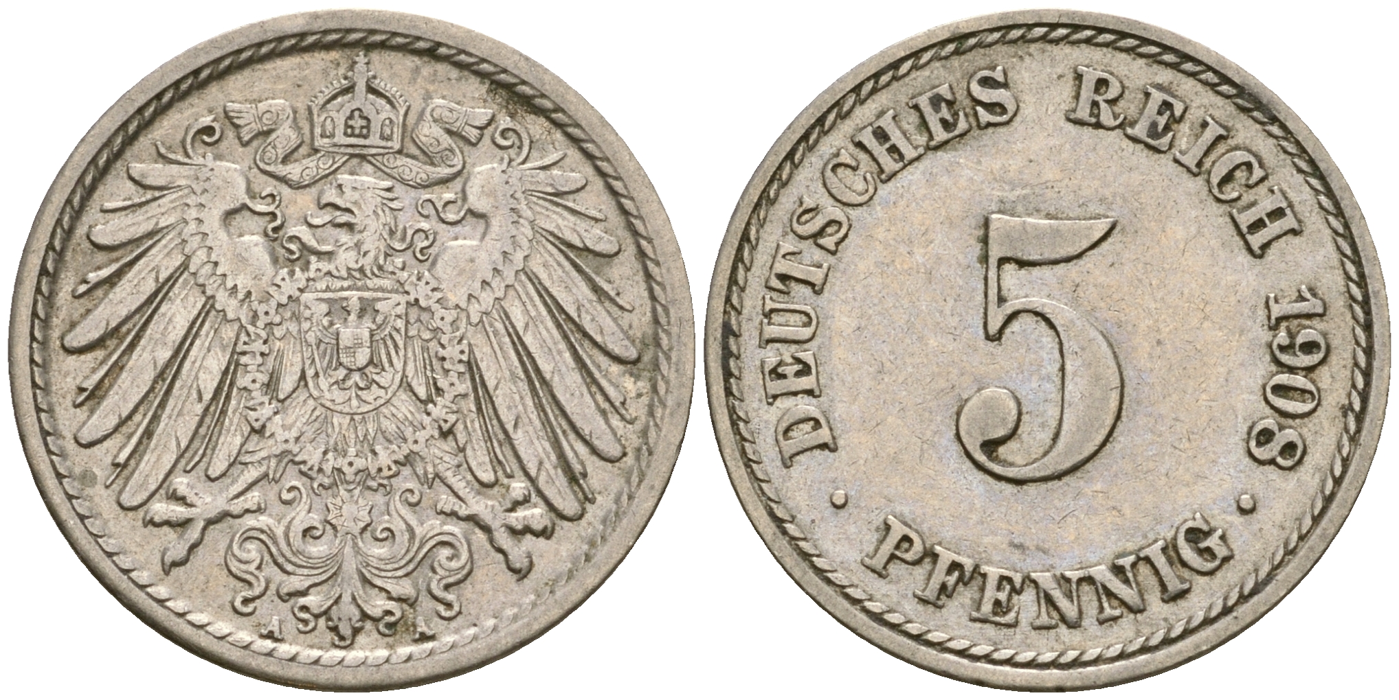 Германия 5 пфеннигов 1908 A KM 11, Jager 12, Weege 6 медно-никель 4364-4524