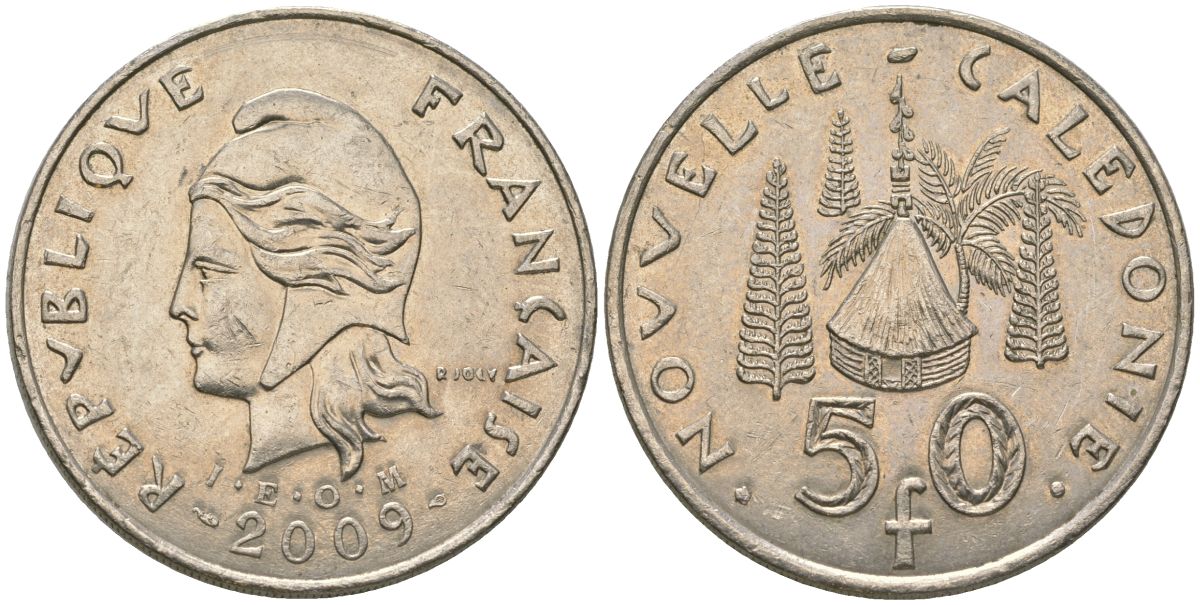Французская Новая Каледония 50 франков 2009 хижина среди сосен и пальм, (IEOM) KM 13a, Schoen 15a, Lec 128i медно-никель 115-942
