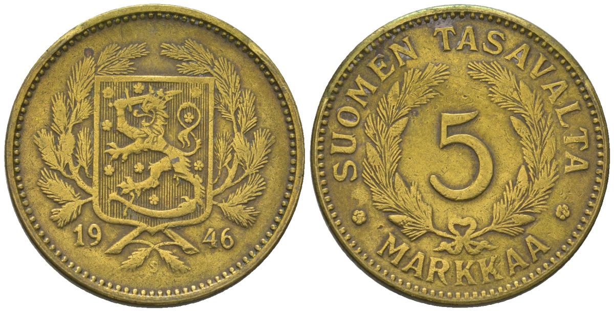 Финляндия 5 марок 1946 S KM 31a латунь 4586-135