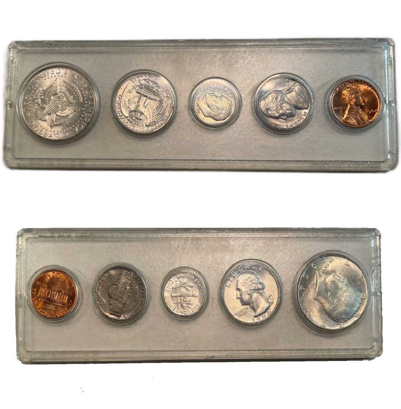 США набор из 5 монет (1, 5 и 10 (дайм) центов; 1/4 (квотер) и 1/2 доллара) 1964 KM 164, 195. A192, 201 и 202 UNC 6-5-3-13