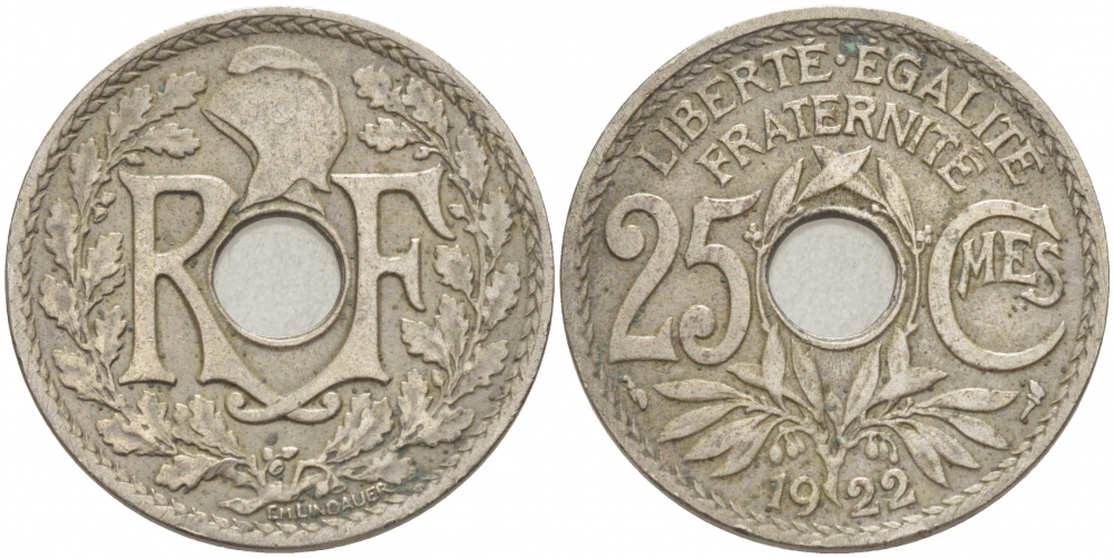 ФРАНЦИЯ 25 САНТИМОВ 1922 ТИП ЛИНДАЙЁ KM 867а, LE FRANC 171.6 медно-никель 4402-824