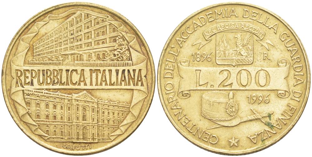Италия 200 лир 1996 R, 100 лет Академии таможенной службы KM 184 алюминиевая бронза 4551-1122