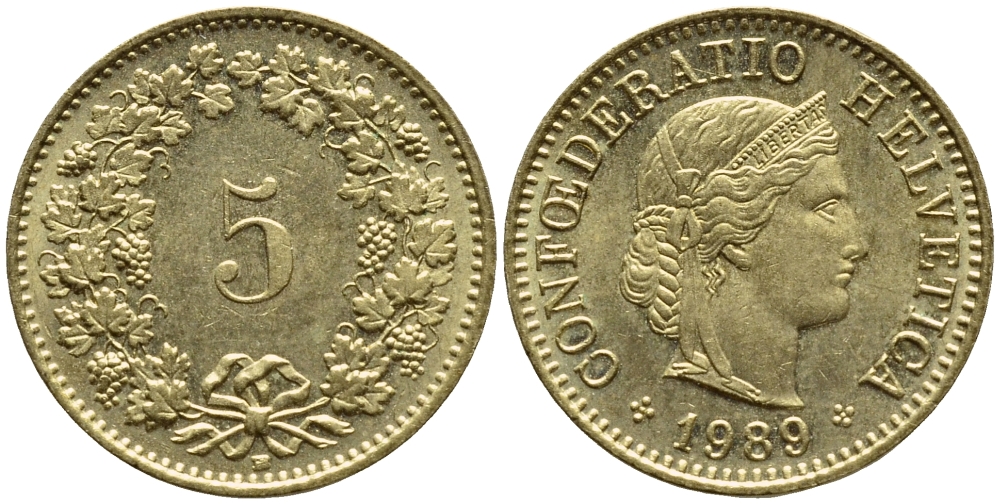 ШВЕЙЦАРИЯ 5 РАППЕНОВ 1989 KM 26с алюминий латунь 4396-1134