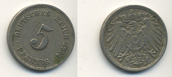 ГЕРМАНИЯ 5 ПФЕННИГОВ 1914 F, KM 11, J. 12 медно-никель 54-566