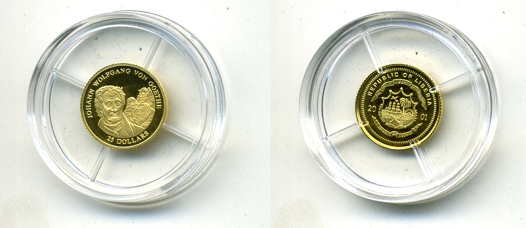 Либерия 25 долларов 2001 ГЕТЕ золото PROOF 00-000-00