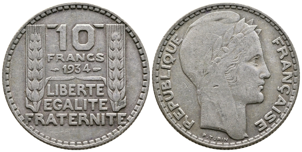 Франция 10 франков 1931 Пьер Тюрен KM 878, Le Franc 360.4 серебро 79-1525