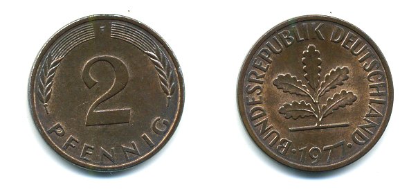 ФРГ 2 пфеннига 1977 F KM 106a, J.381a сталь плакированная медью 3999-1139