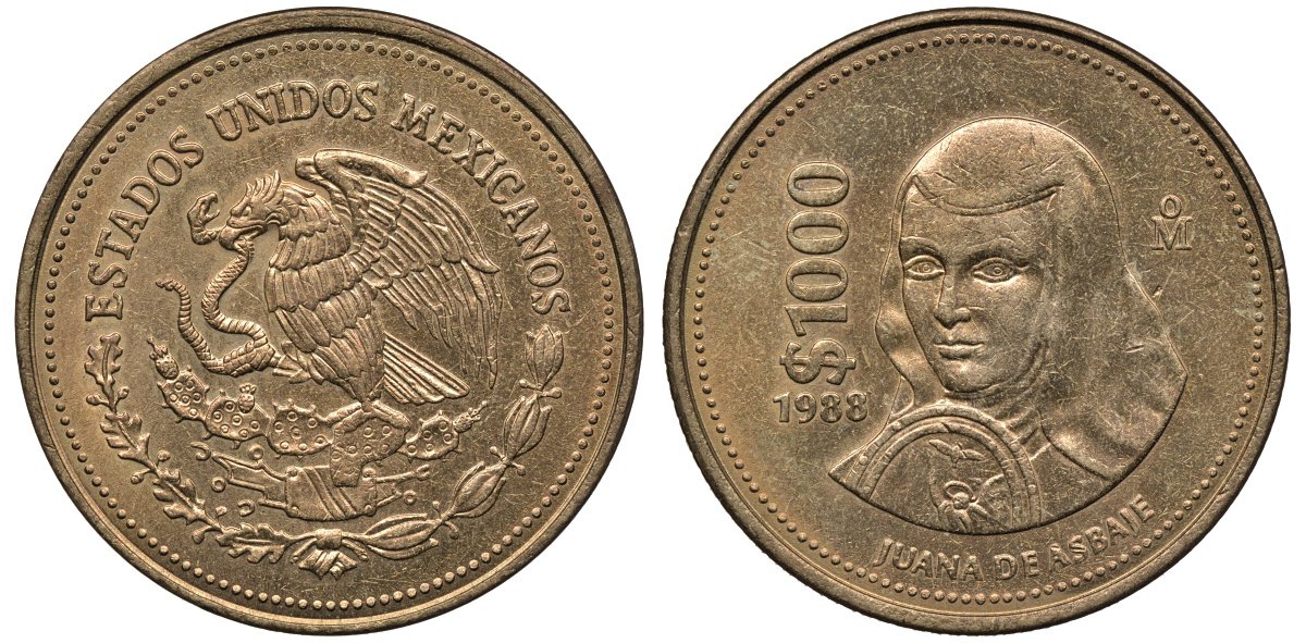 Мексика 1000 песо 1988 Мо, Хуана де Асбахе KM 536 алюминиевая бронза 4367-1135