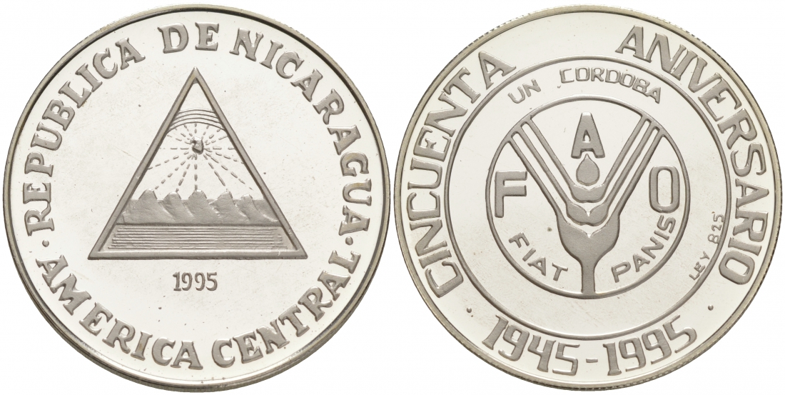 Никарагуа 1 кордоба 1995 50 лет FAO, тираж 2200 экз. KM 87 серебро PROOF 02-070-15-M21-11
