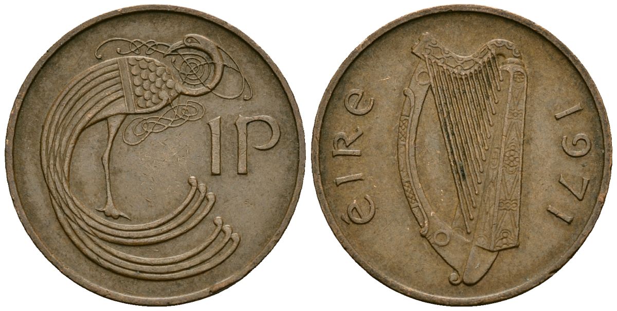 Ирландия 1 пенни 1971 мифологическая птица лира KM 20 бронза 4138-853