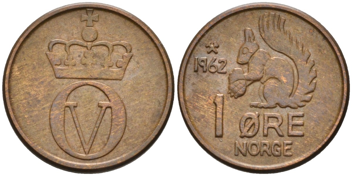 Норвегия 1 эре 1962 белка, Улаф V (1958-1991) KM 403 бронза аUNC 4580-942