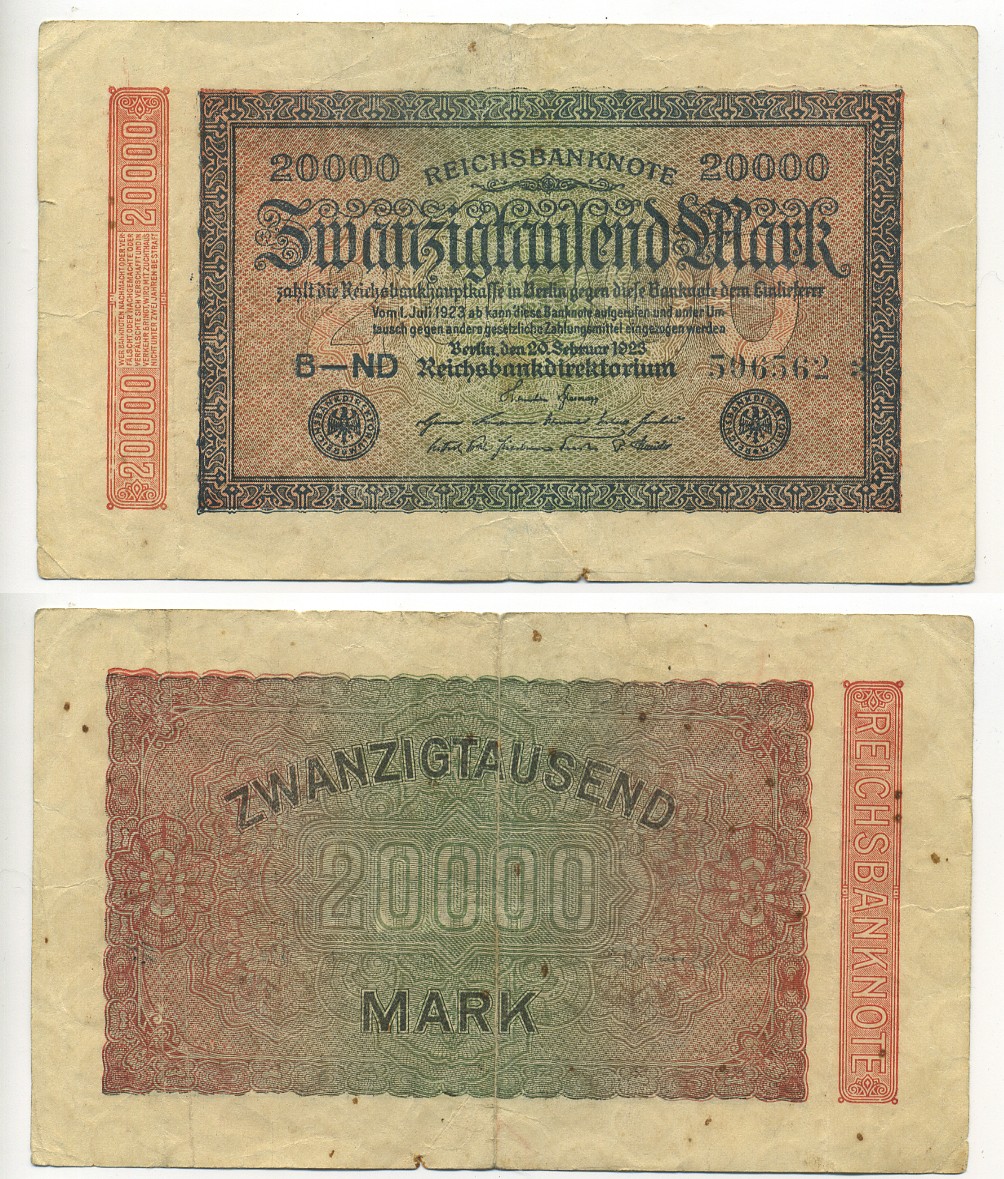 ГЕРМАНИЯ 20000 МАРОК 1923 20 ФЕВРАЛЯ 1923, ВОДЯНОЙ ЗНАК L Pick 85a бумага 6294-69-1