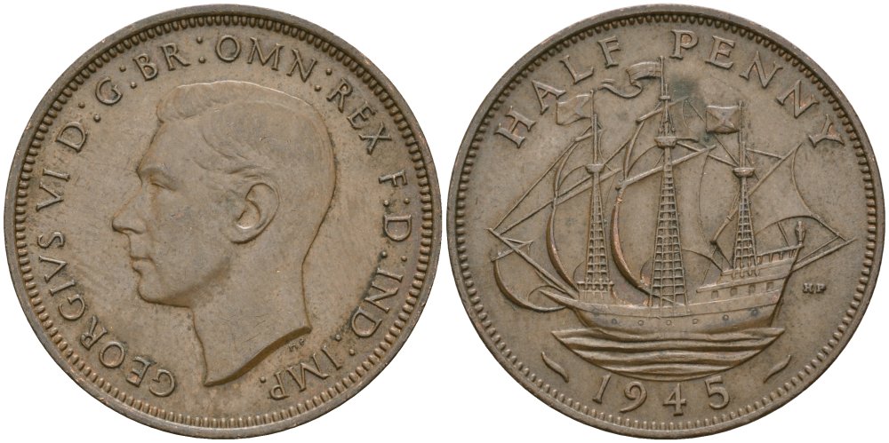 Великобритания 1/2 пенни 1945 Георг VI (1936-1952) KM 844, Spink 4115 бронза 4579-156