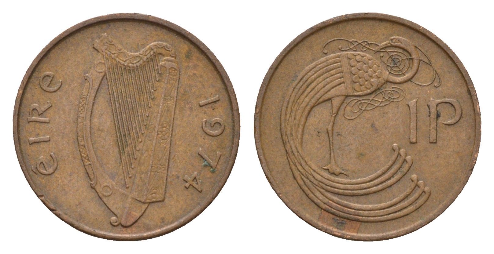 Ирландия 1 пенни 1974 мифологическая птица лира KM 20 бронза 4690-355