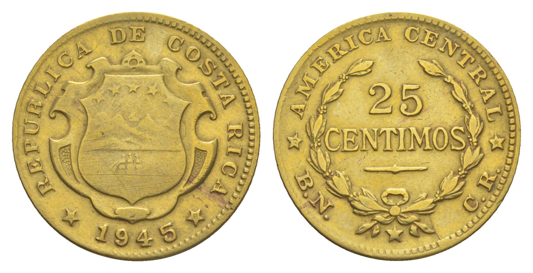 Коста-Рика 25 сентимо 1945 KM 181 латунь 4642-836