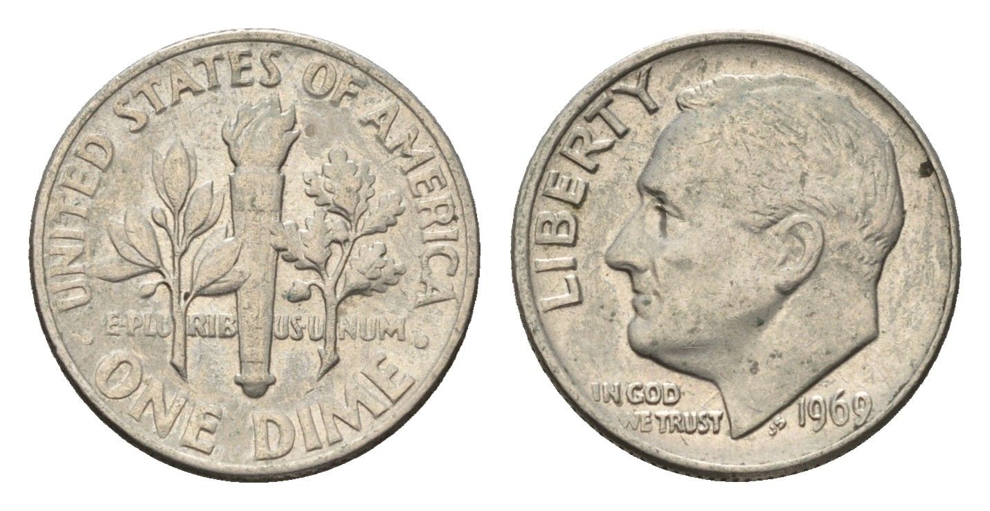 США 10 центов (дайм) 1969 Рузвельт KM 195a медь плакированная медно-никелем 4674-539