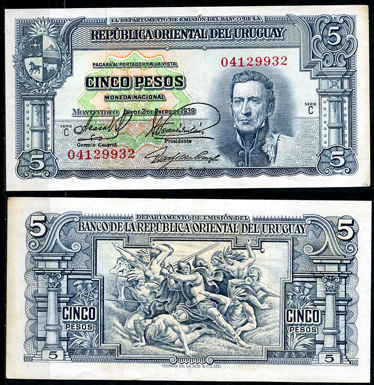 Уругвай 5 песо 1939 Хосе Хервасио Артигас, конкистадор, сражающийся с индейцами, серия С Pick 36 b (1)  бумага 444-134-3-1