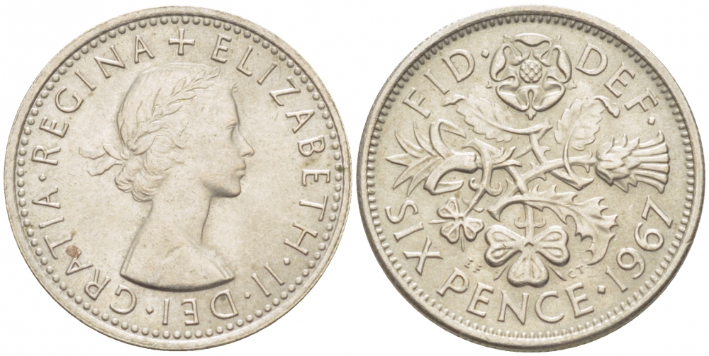 Великобритания 6 пенсов 1967 Елизавета II (1952-2022) KM 903, Spink 4149 медно-никель 214-1068