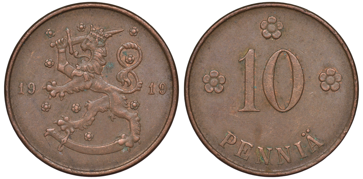 Финляндия 10 пенни 1919 KM 24 медь 45-1237
