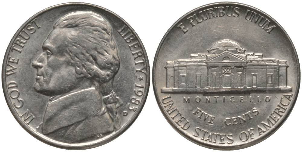 США 5 центов 1983 D, президент Джеферсон KM А192 медно-никель 181-116