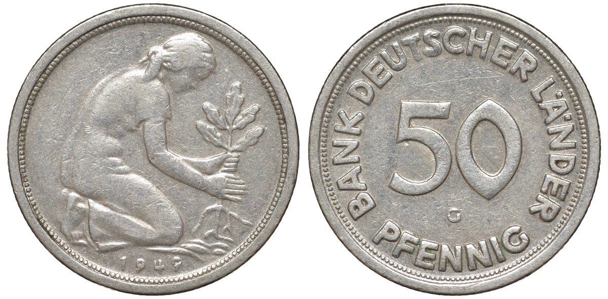 ФРГ 50 пфеннигов 1949 G KM 104, J. 379 медно-никель 4132-633