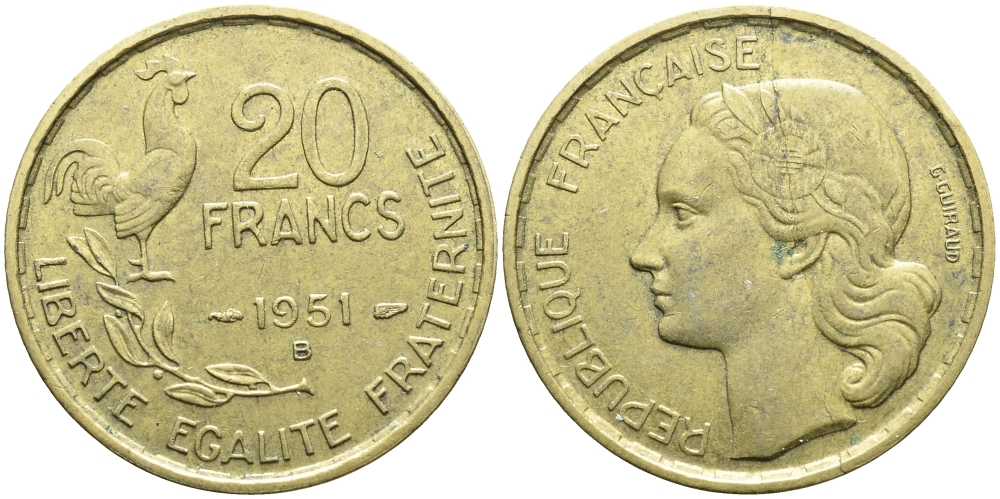 ФРАНЦИЯ 20 ФРАНКОВ 1951 B, ПЕТУХ, 4 ПЕРА KM 917.2, LE FRANC 402.8 алюминиевая бронза 4393-1157