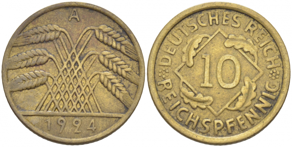 ГЕРМАНИЯ 10 РЕЙХСПФЕННИГОВ 1924 A KM 40, J. 317, Weege 9 алюминиевая бронза 212-745