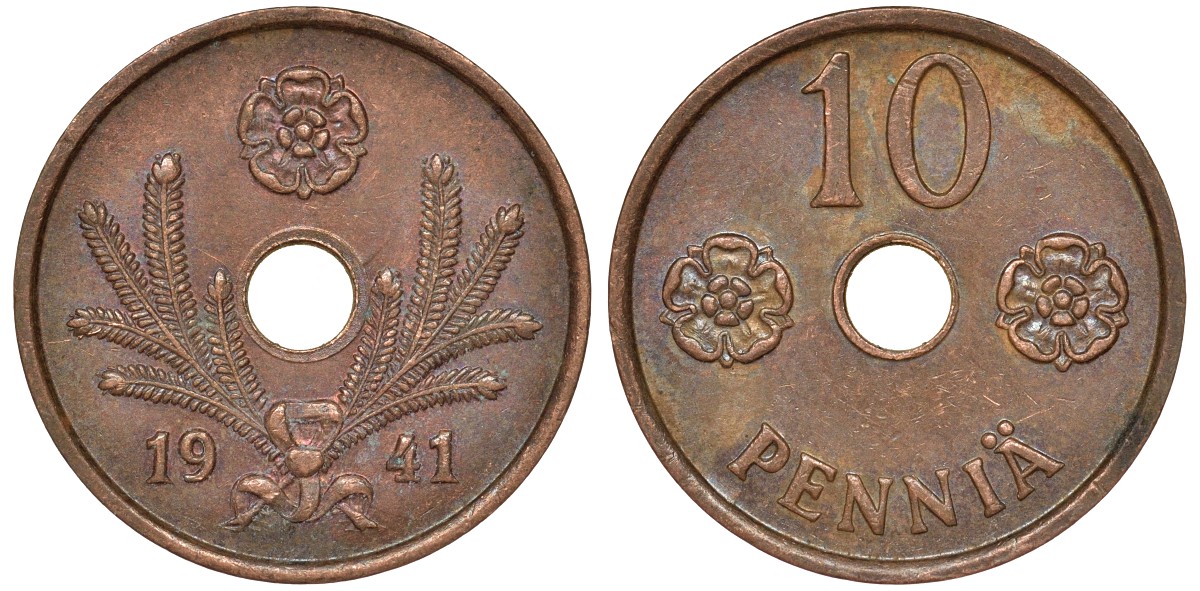 Финляндия 10 пенни 1941 KM 33.1 медь 51-3454
