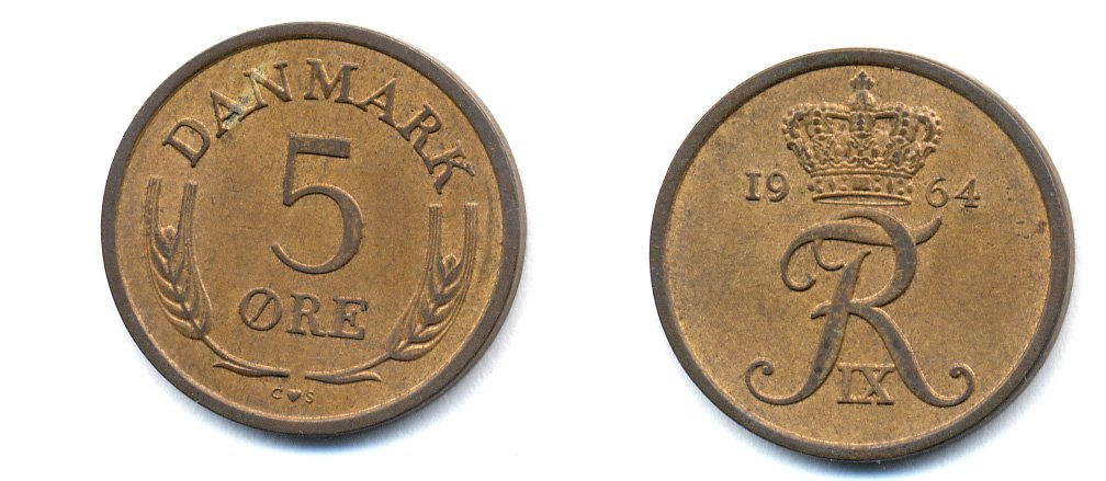 ДАНИЯ 5 ЭРЕ 1964 C; S, ФРЕДЕРИК IX (1947-1972) KM 848.1 бронза 51-4335