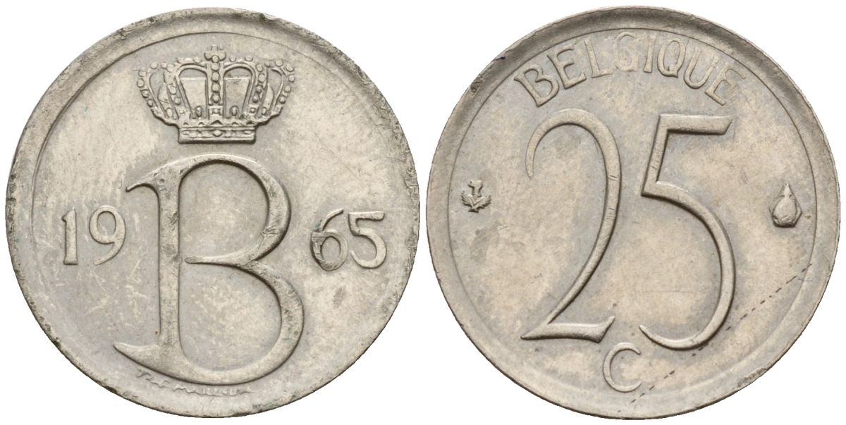 Бельгия 25 сантимов 1965 Belgique, Бодуэн I (1951-1993) KM 153.1 медно-никель 4152-419