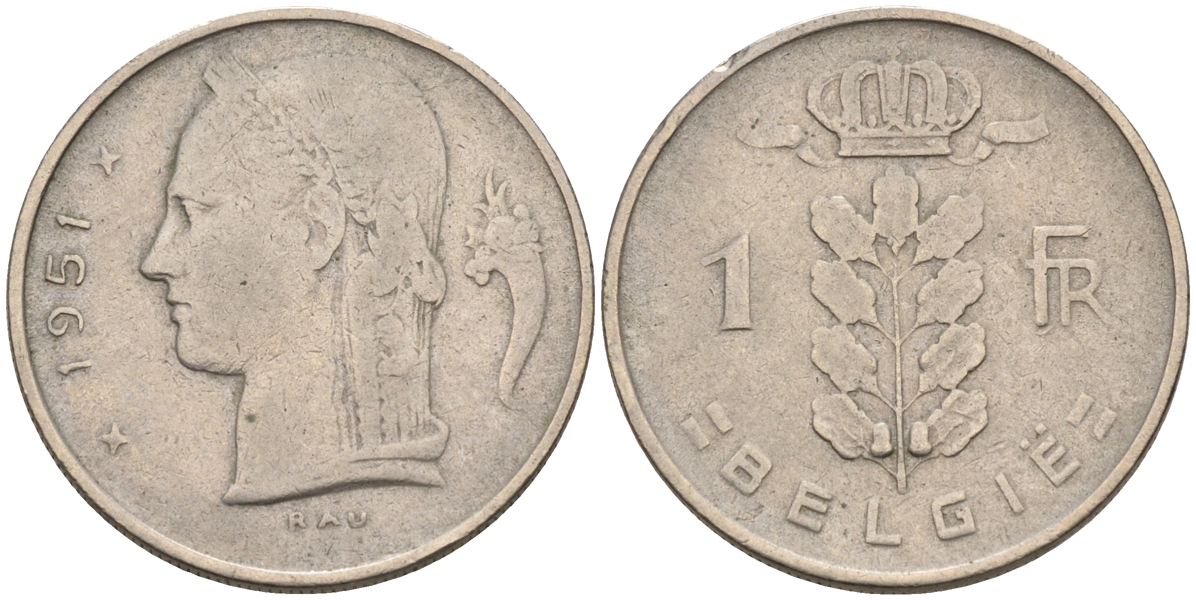 БЕЛЬГИЯ 1 ФРАНК 1951 BELGIE KM 143.1 медно-никель 4563-1157