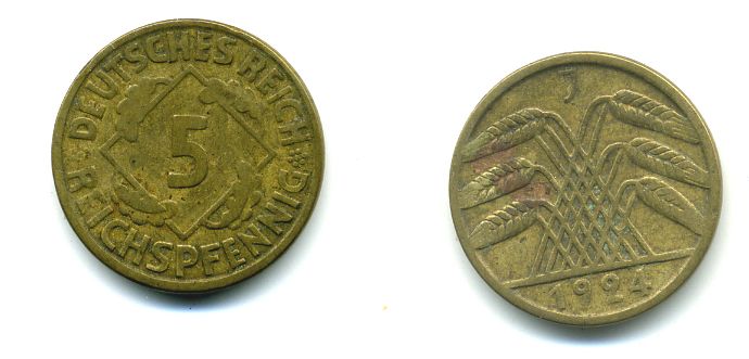 ГЕРМАНИЯ 5 РЕЙХСПФЕННИГОВ 1924 J, KM 39, J. 316 алюминиевая бронза 46-2227