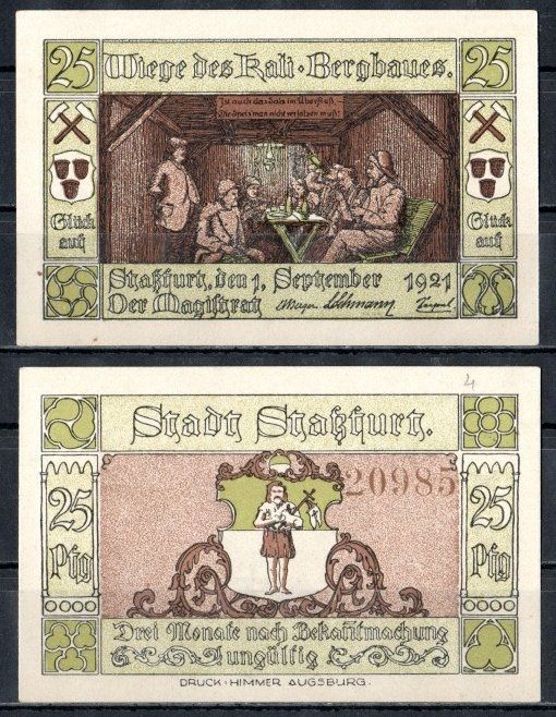 Штасфурт (Пруссия, Саксония) 25 пфеннигов 1921 Mehl Grabowski 1256.2b-1/6 бумага UNC (пресс) 7556-67-1-1