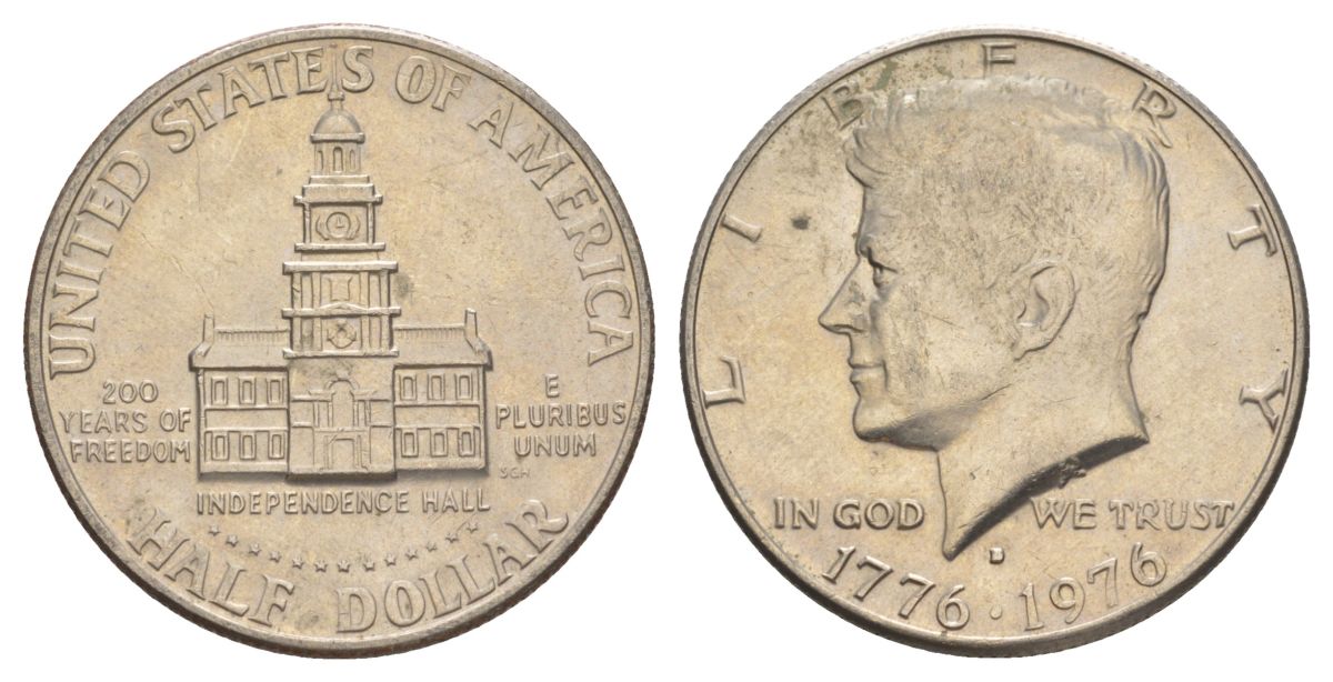 США 1/2 доллара (50 центов) 1976 D, 200 лет независимости, Джон Кеннеди KM 205 медь плакированная медно-никелем aUNC 4565-513