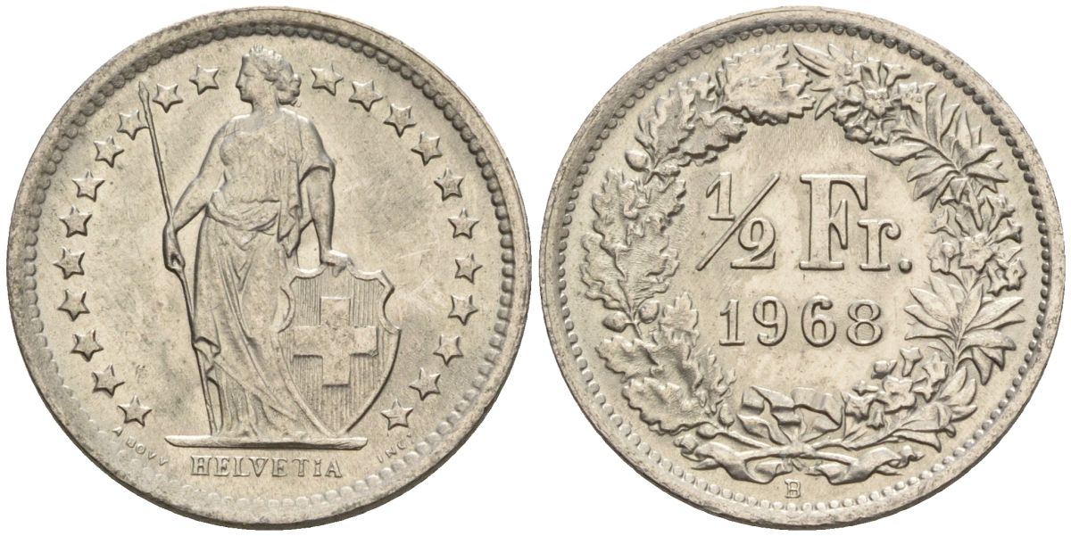 Швейцария 1/2 франка 1968 B KM 23a медно-никель 4608-528
