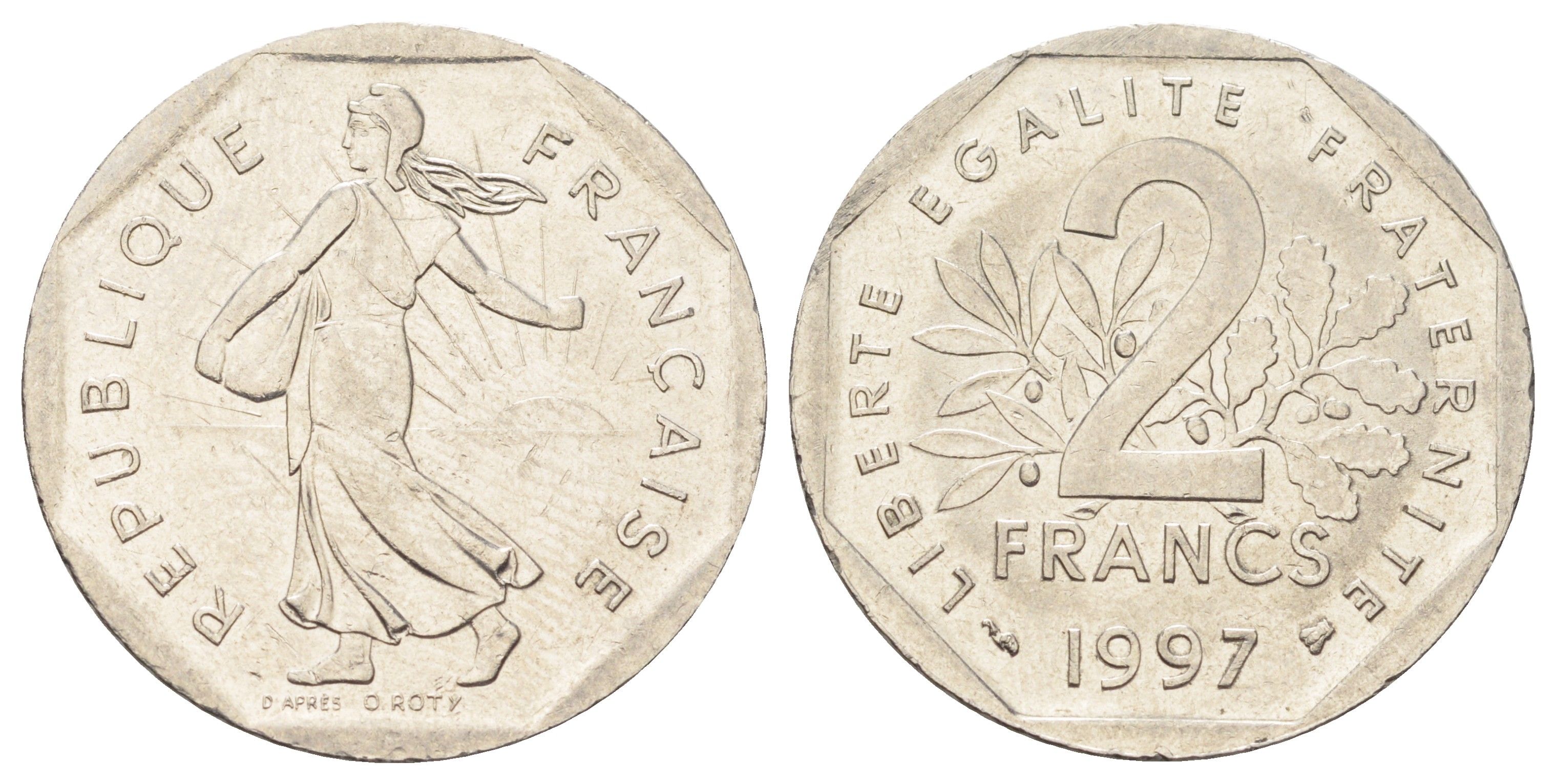 Франция 2 франка 1997 сеятель KM 942.1 никель UNC 4700-136