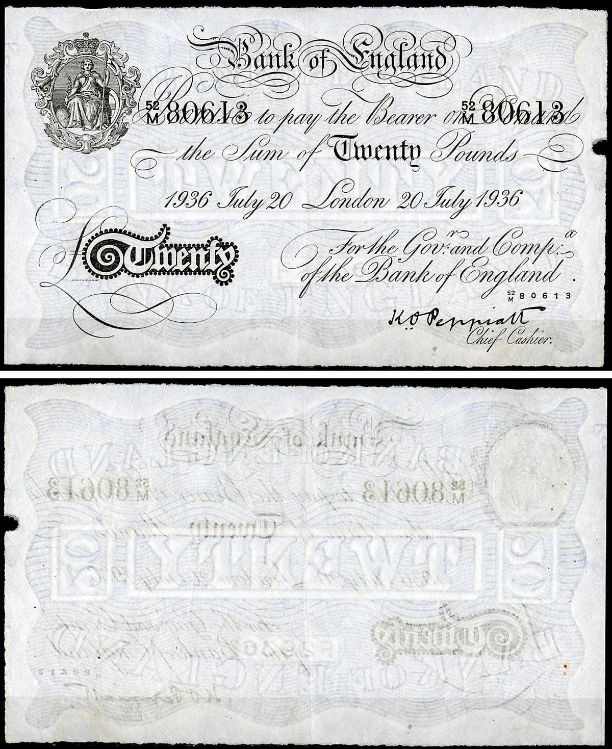 Англия 20 фунтов 1936 Лондон, 20 июля, Операция "Бернхард", фальшивка в ущерб денежному обращению PW № RB173, Pick 337 a  бумага   444-126-1-1