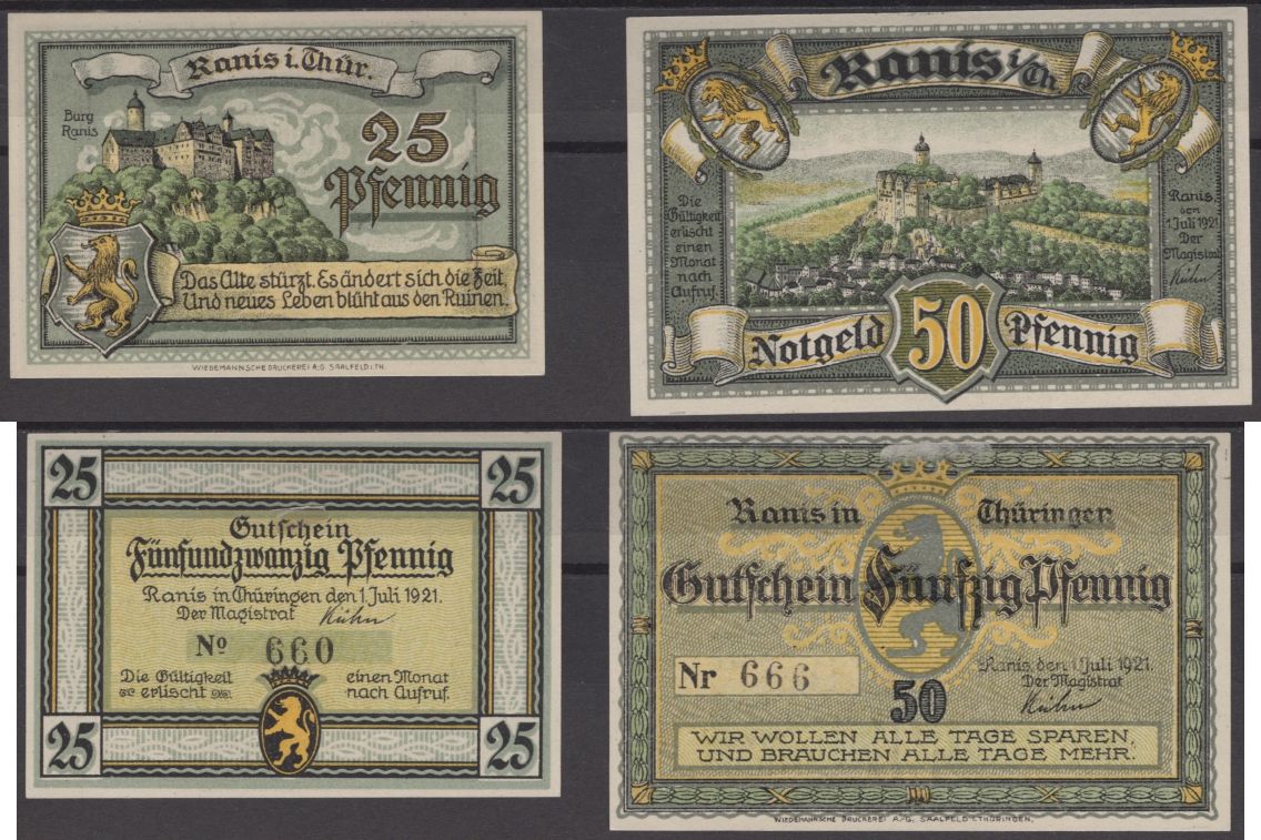 Ранис полный набор из 2 нотгельдов (25 и 50 пфеннигов) 1921 DeNG 2 1096.1 бумага UNC (пресс) 7556-15-3-1