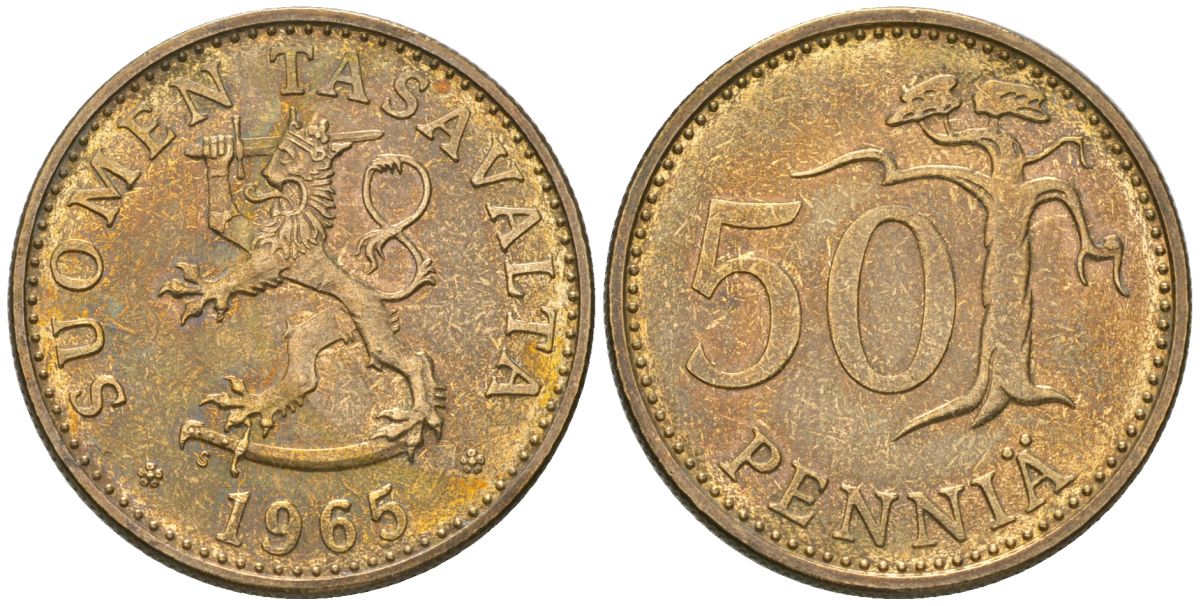Финляндия 50 пенни 1965 S KM 48 алюминиевая бронза aUNC 4586-533