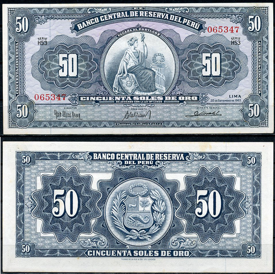 Перу 50 солей 1963 сидящая свобода, Thomas de la Rue, серия H53 Pick 85 a  бумага  aUNC 451-807-2