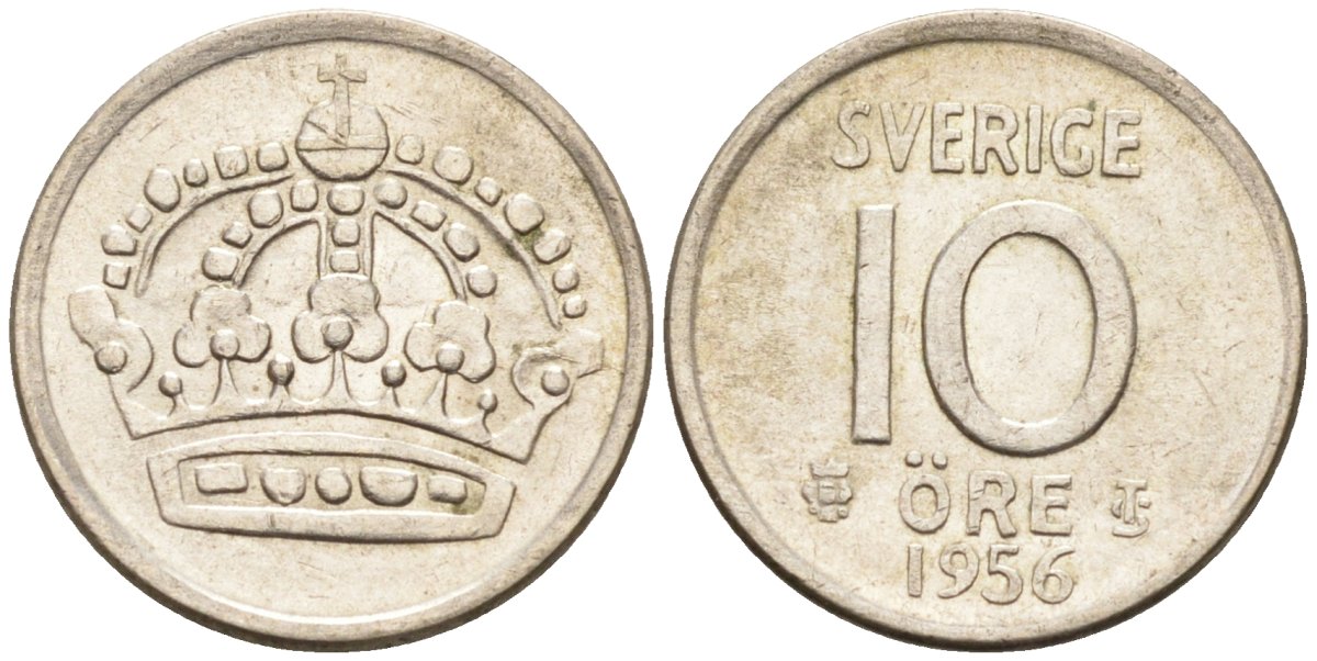 Швеция 10 эре 1956 Густав VI Адольф (1950-1973) KM 823 серебро 4585-338