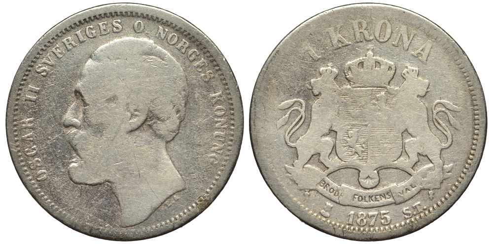 Швеция 1 крона 1875 ST, Оскар II (1872-1907) король Швеции и Норвегии KM 741 серебро 1528-821