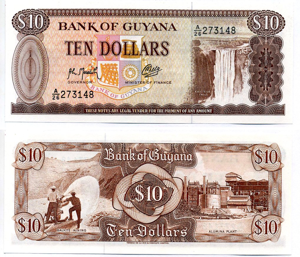 Гайана 10 долларов ND (1966-1992) водопад Кайетур Pick 23 f  бумага  UNC (пресс) 00-00
