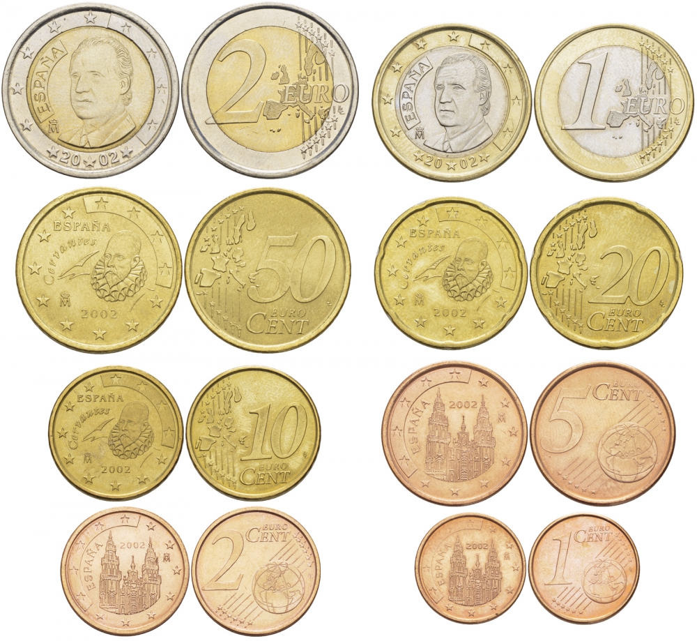 Испания полный евронабор из 8 монет 2002 1, 2, 5, 10, 20, 50 евроцентов, 1 и 2 евро KM 1040, 1041, 1042, 1070, 1071, 1072, 1073, 1074 N6-04