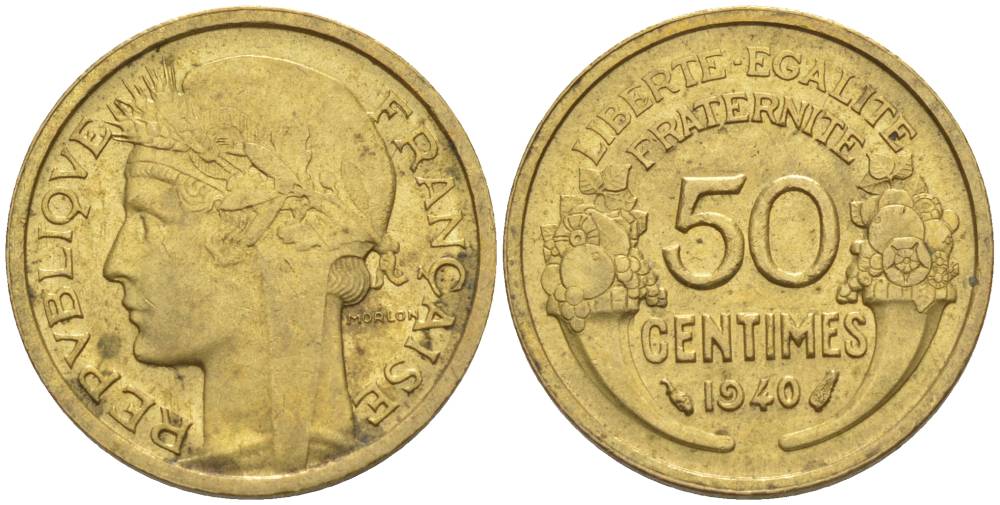ФРАНЦИЯ 50 САНТИМОВ 1940 ТИП MORLON KM 894.1, LE FRANC 192.17 алюминиевая бронза 44-761